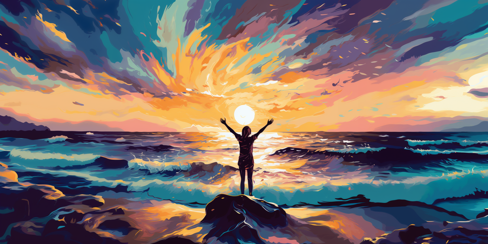 a person silhouette standing with his hands up on the seashore, the sea is calm and beautiful, sun is rising, tender pastel colours, blue, violet, terracotta, turquoise, yellow