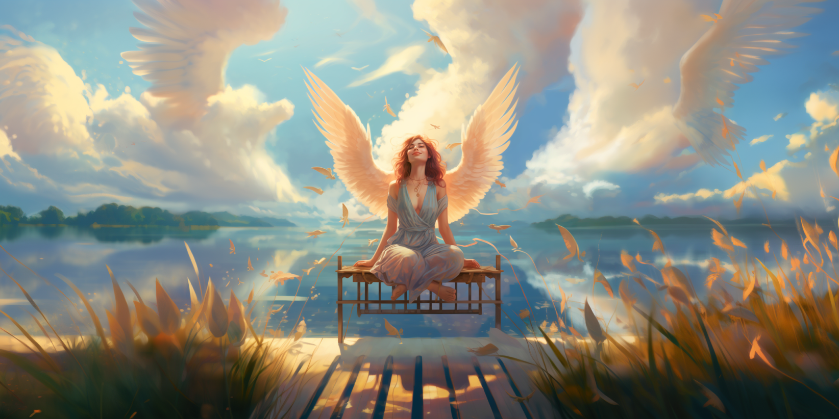 a smiling beautiful girl with wings is meditating near the lake